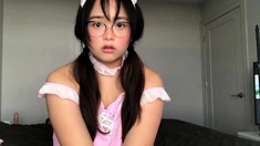 Horny amateur masked Asian teen toying on webcam show