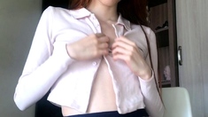 Amateur redhead masturbates then gives a blowjob