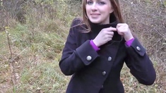 Teen brunette is shagging in the forest as you see