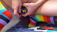 Gaping Pussy Stretched with Sharpies by a Socked Milf