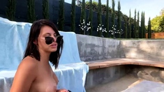 Busty curly brunette with big boobs fucks on couch